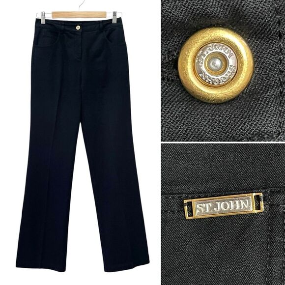 St. John Pants - St. John Sport Pants Size 2 Black Stretch Cotton Straight Leg Gold Button VTG